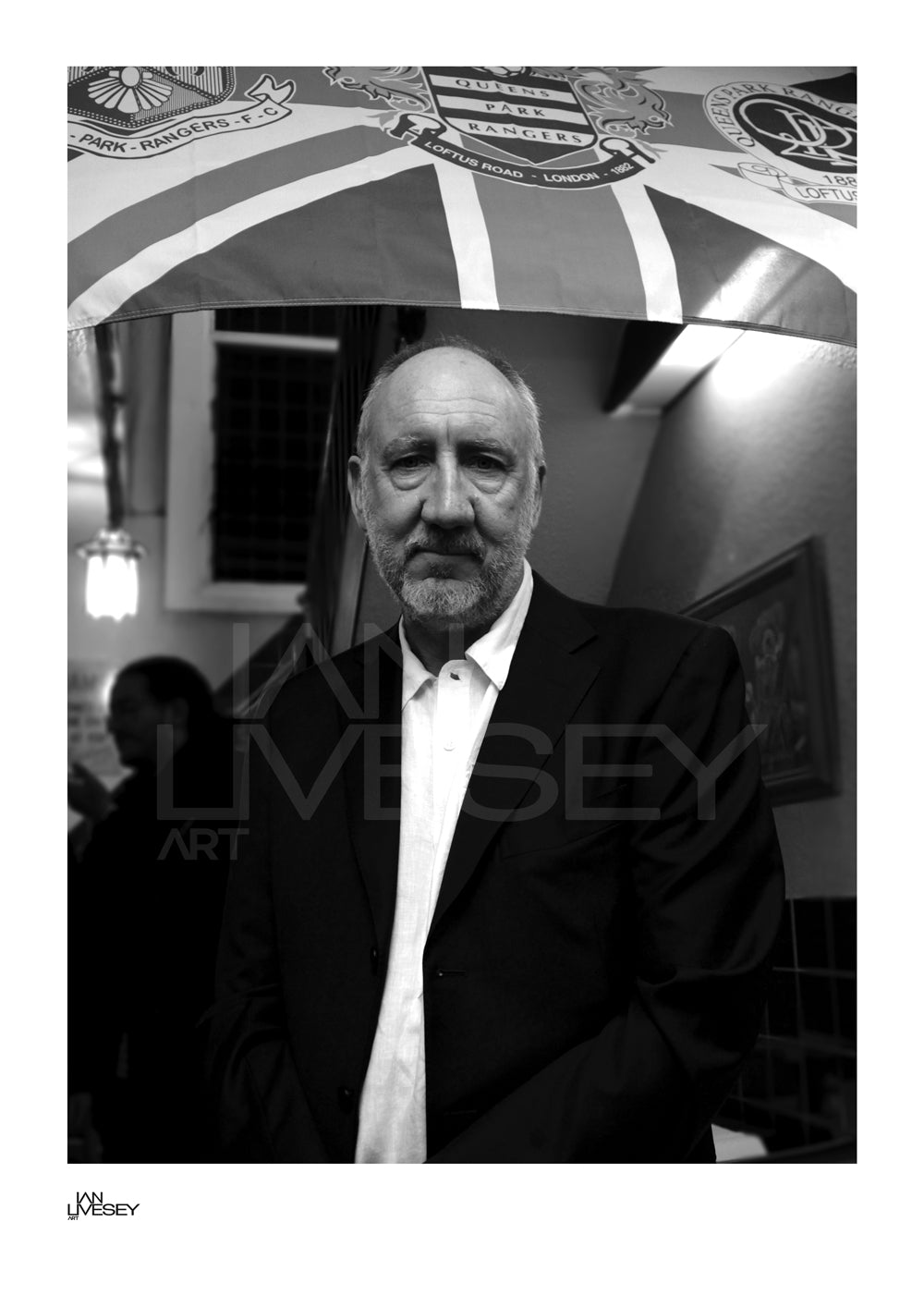 Pete Townsend Poses in front of QPR Flag Portrait Bush Gardens - Limited Edition Prints