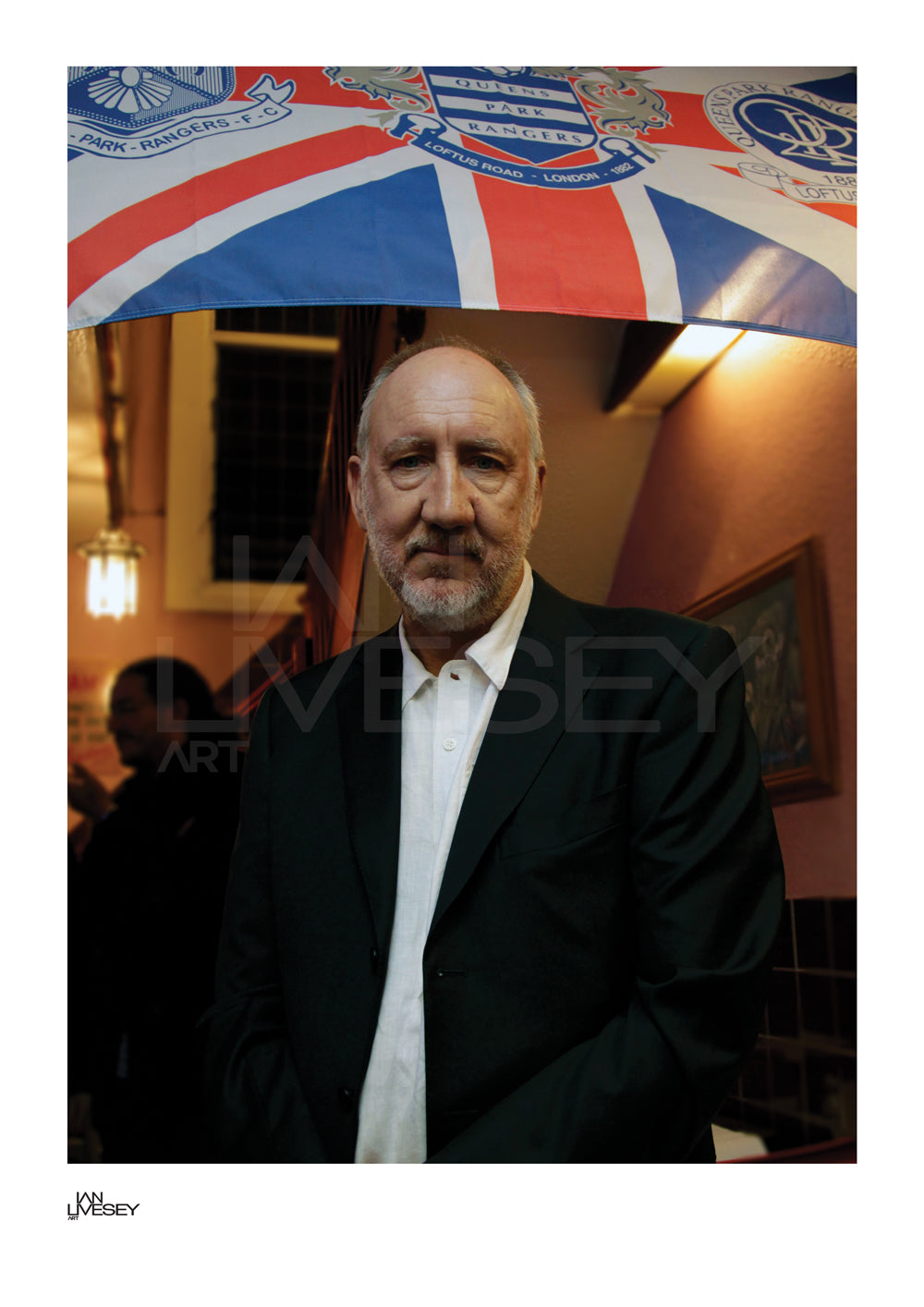 Pete Townsend Poses in front of QPR Flag Portrait Bush Gardens - Limited Edition Prints